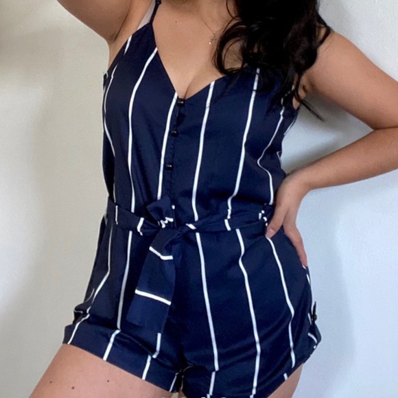 Zaful Navy Romper with White Stripes - Picture 2 of 4
